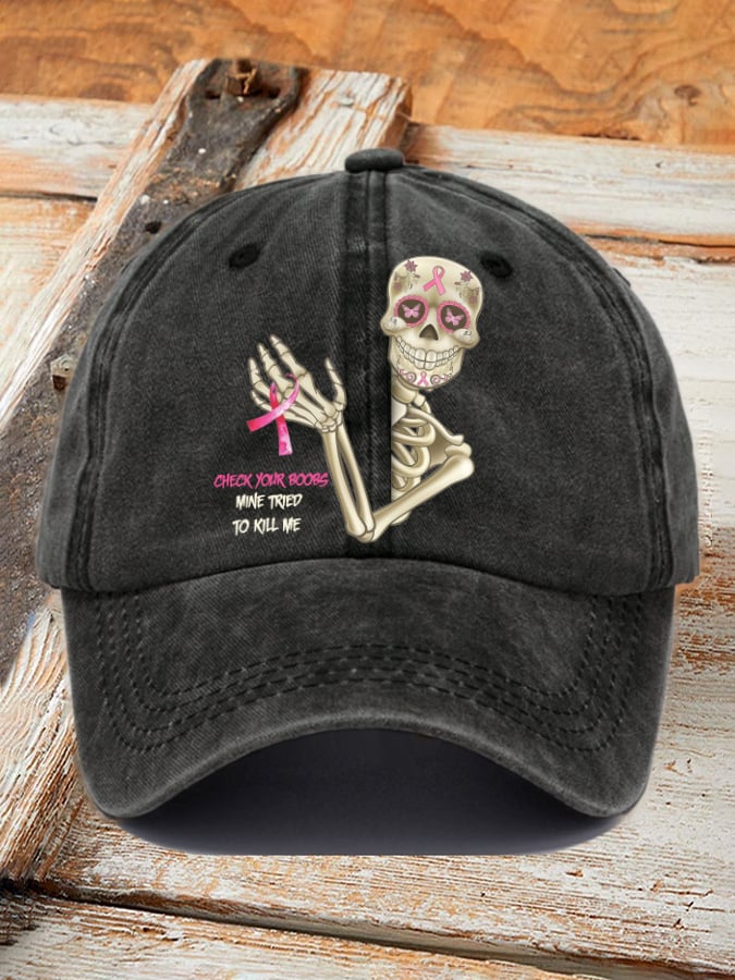 Retro Breast Cancer Awareness Skull Check Your Boobs Mine Tried To Kill Me Print Baseball Cap