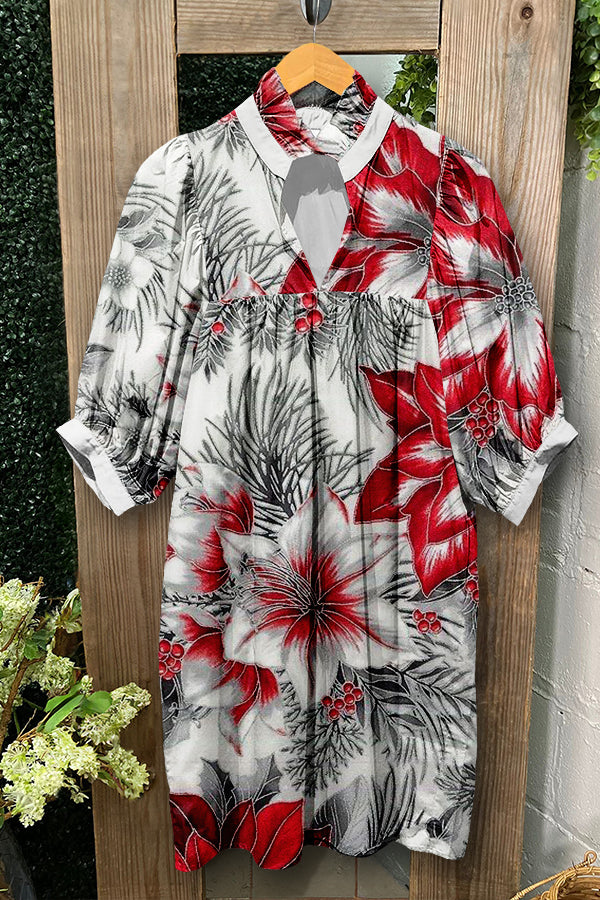 Chic Christmas Floral Print Puff Sleeve Dress