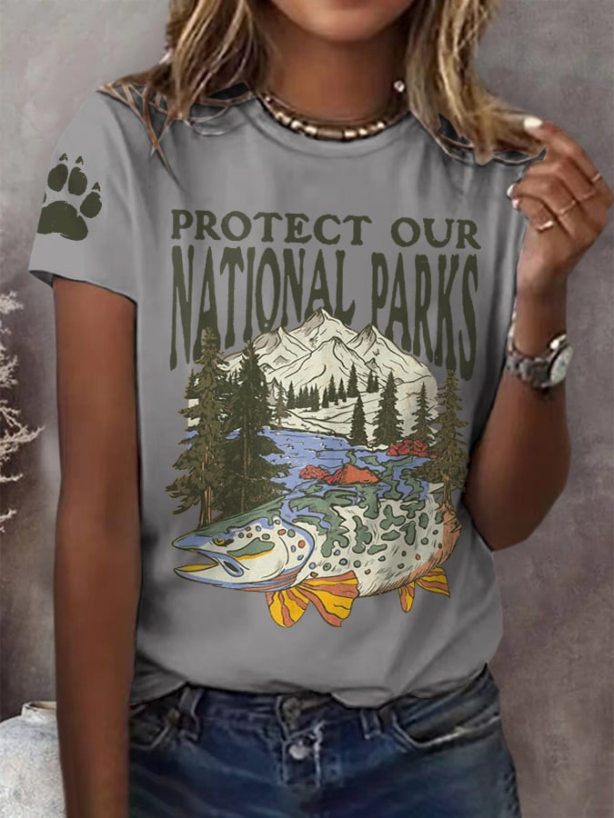 Women's Protect Our National Parks Print Round Neck T-Shirt