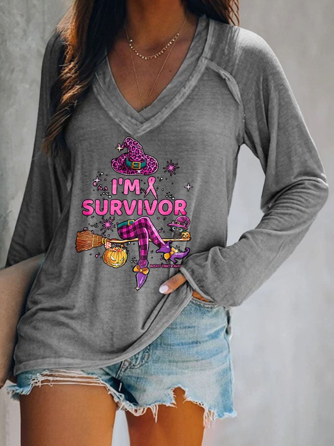 Breast Cancer Awareness I'M Survivor Halloween Witch Print T-Shirt