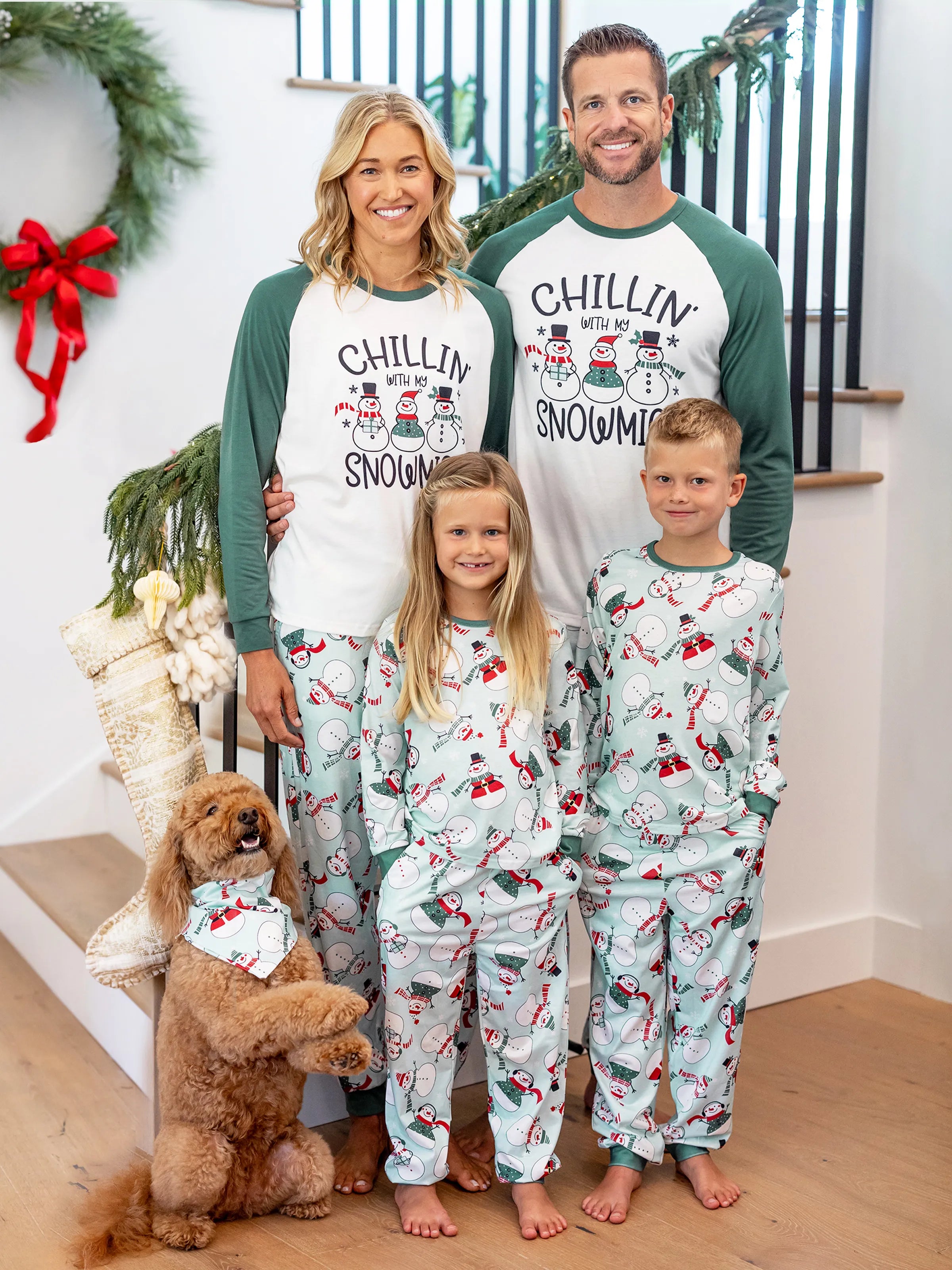Christmas Matching Family Pajamas Set Christmas Snowman Print PJS with Christmas Socks Mint Green