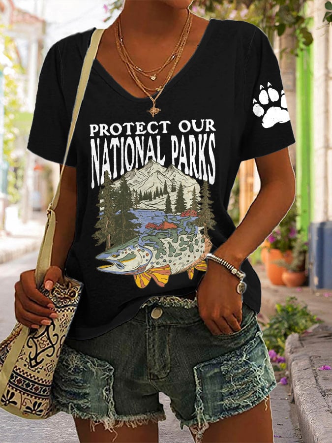 Women's Protect Our National Parks Print V Neck Casual T-Shirt