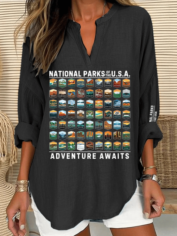Women's National Parks Of The USA Print Casual Long Sleeve V-Neck Shirt