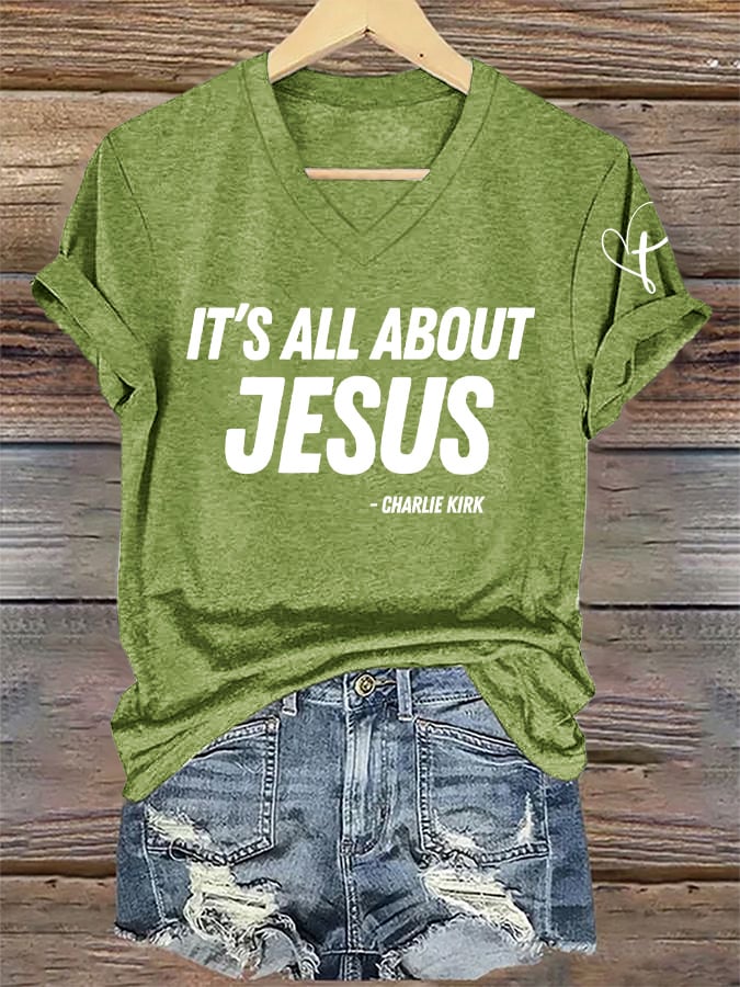 V-Neck Retro It's All About Jesus Print T-Shirt