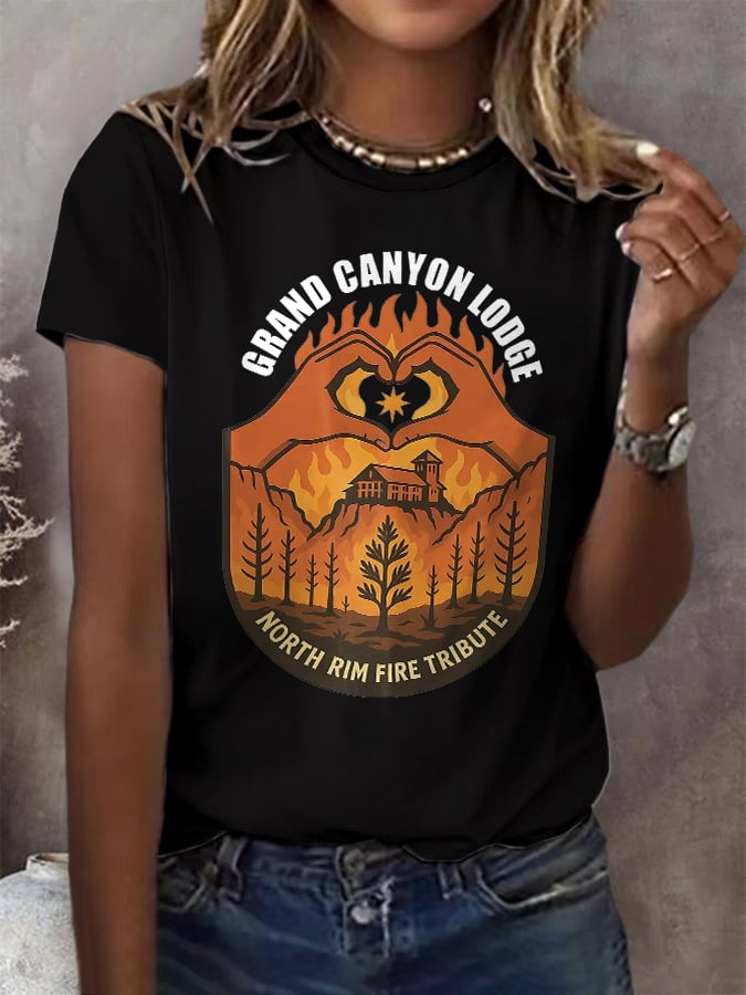 Retro Grand Canyon Lodge North Rim Fire Tribute Print T-Shirt