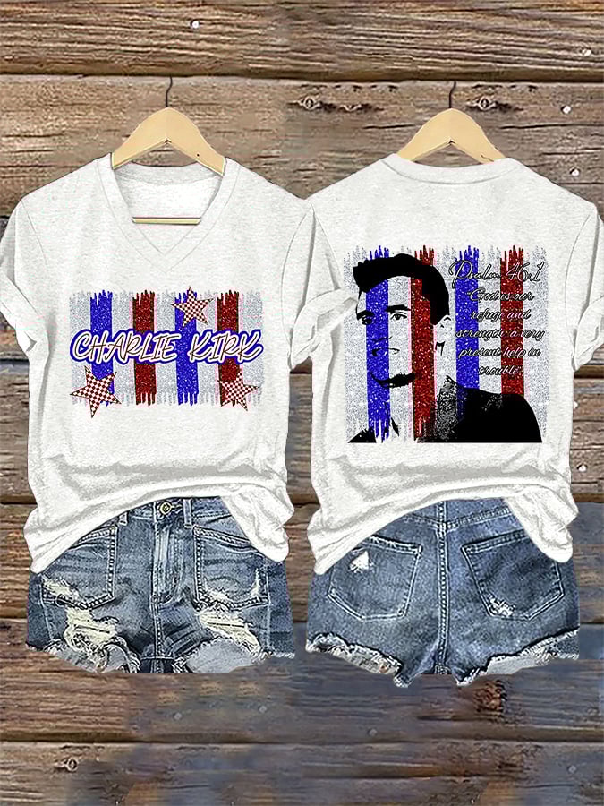 V-Neck Retro God Is Our Refuge And Strength, A Very Present Help In Trouble Print T-Shirt