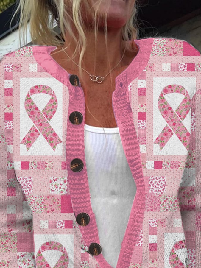 Women's Pink Breast Cancer Quilt Pattern Print Knit Cardigan