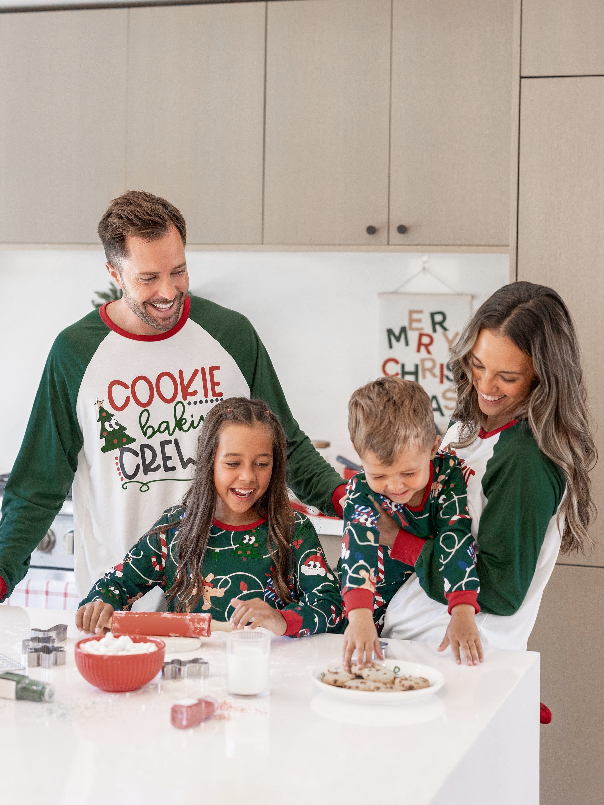 Christmas Matching Family Pajamas Set Gingerbread and Christmas Tree Green and White PJS with Christmas Socks Dark Green