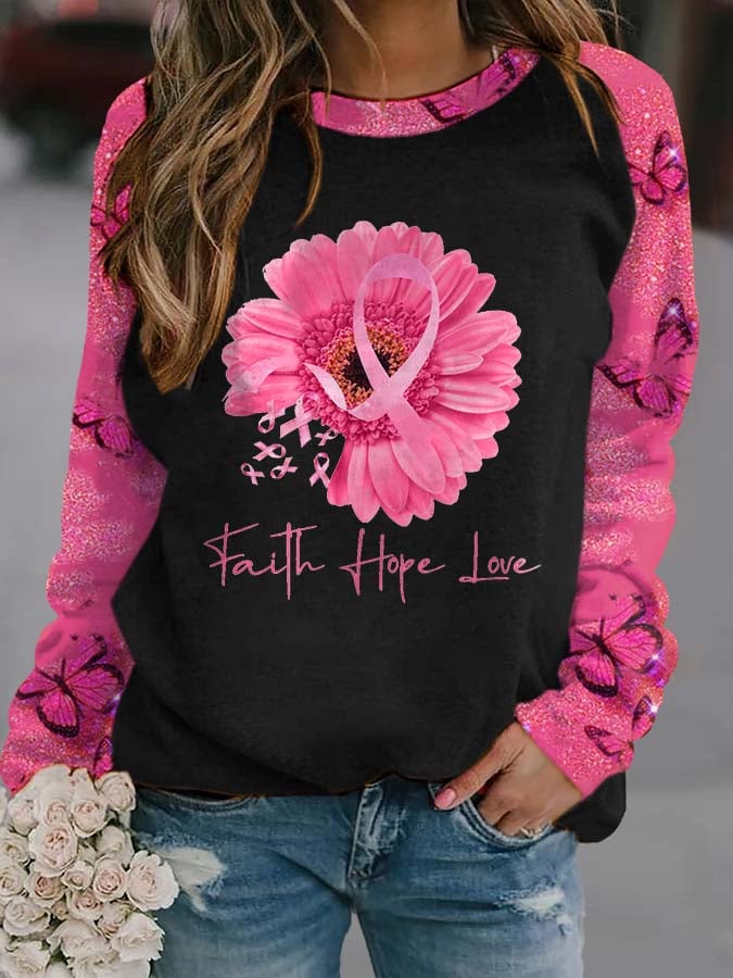 Women's Pink Breast Cancer Print Long Sleeve Crewneck Sweatshirt