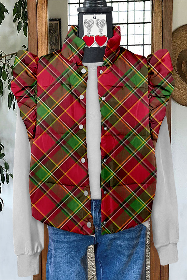 Classic Festive Christmas Plaid Print Ruffle Vest