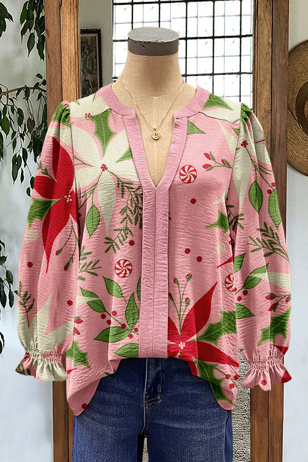 Sweet Christmas Flowers Print Puff Sleeve Blouse