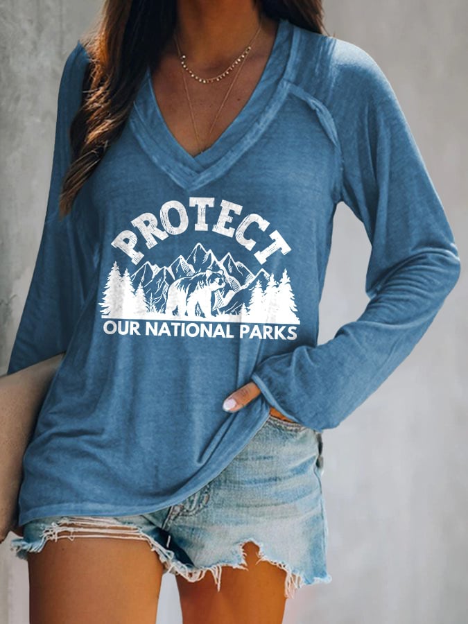 Women's Protect Our National Parks Print V Neck T-Shirt