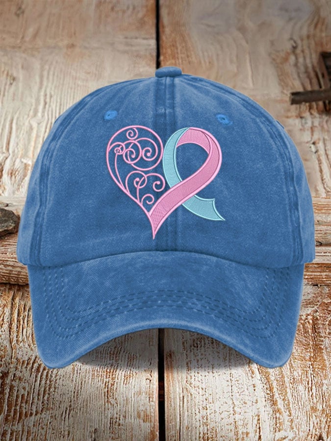 Unisex Distressed Washed Cotton Breast Cancer Ribbon Heart Printed Hat