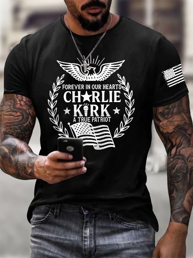 Men's Forever In Our Hearts A True Patriot Print Round Neck T-Shirt
