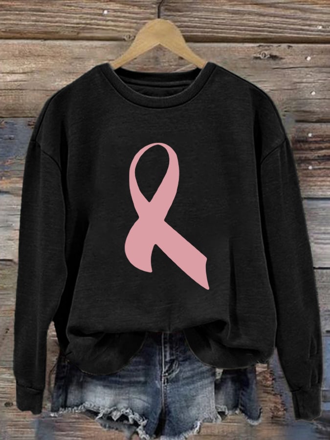 Retro Breast Cancer Awareness Pink Ribbon Print Sweatshirt