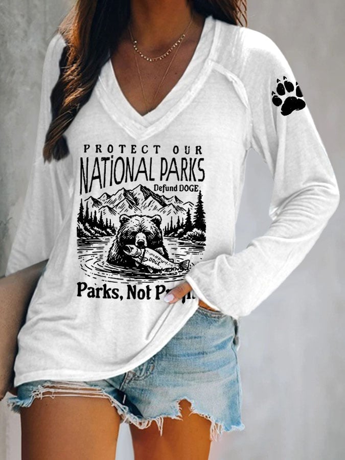 Women's Protect Our National Parks Print V Neck T-Shirt