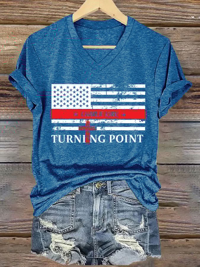 V-Neck Retro Faith Flag Cross America This Is The Turning Point Print T-Shirt