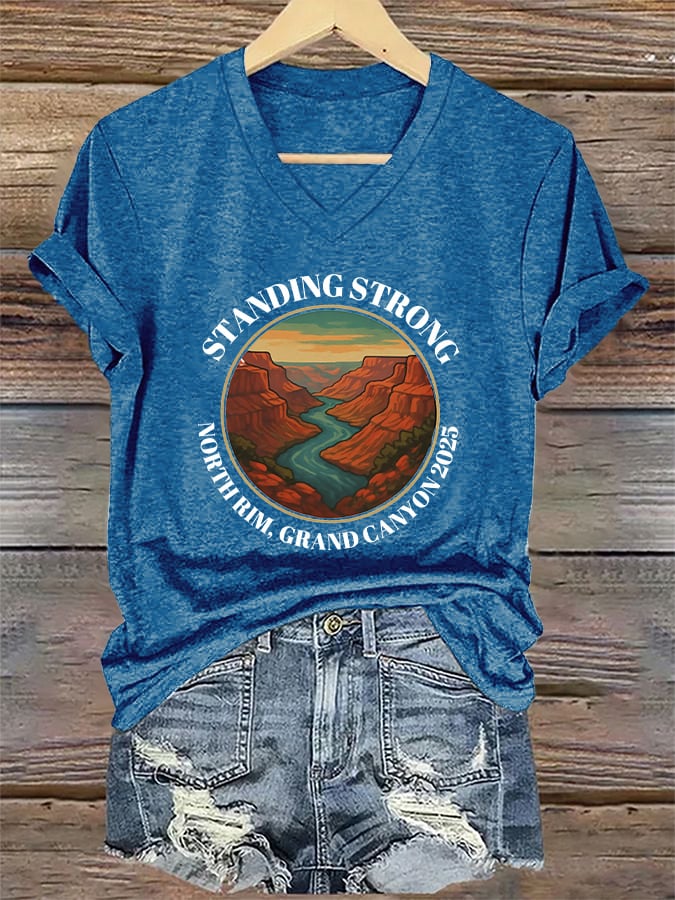 V-Neck Retro Standing Strong For Grand Canyon North Rim Lodge Fire 2025 Print T-Shirt