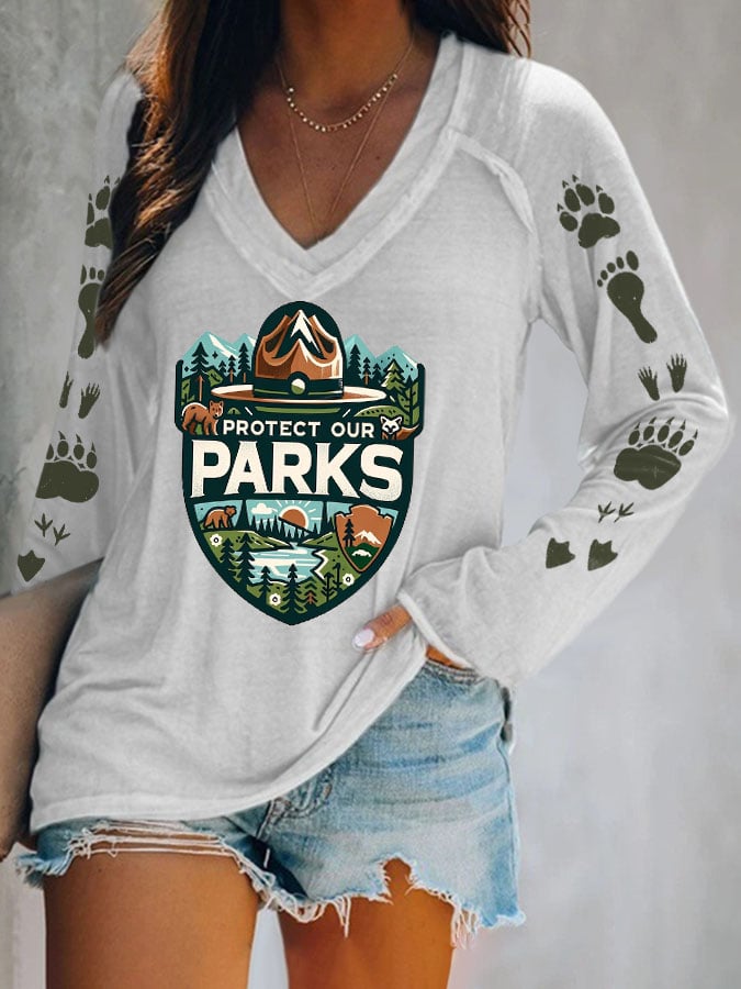 Women's Protect Our National Parks Print V Neck T-Shirt