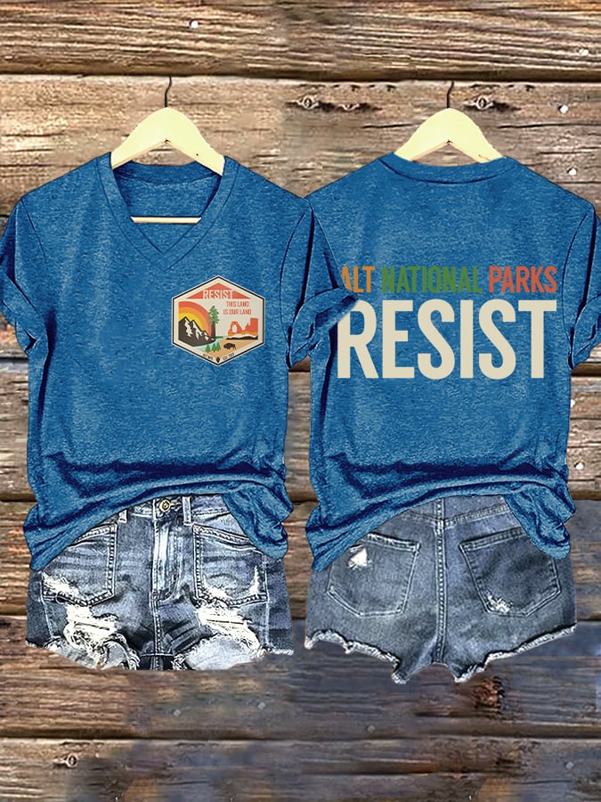 V-neck Retro ALT National Parks Resist This Land Is Our Land Print T-Shirt