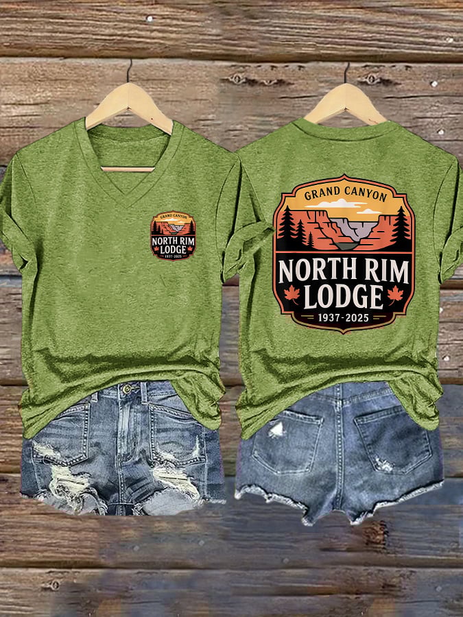V-Neck Retro Grand Canyon Lodge North Rim Lodge 1937-2025 Print T-Shirt