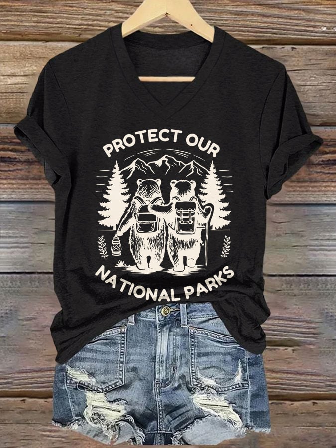 V-neck Retro Protect Our National Parks Print T-Shirt