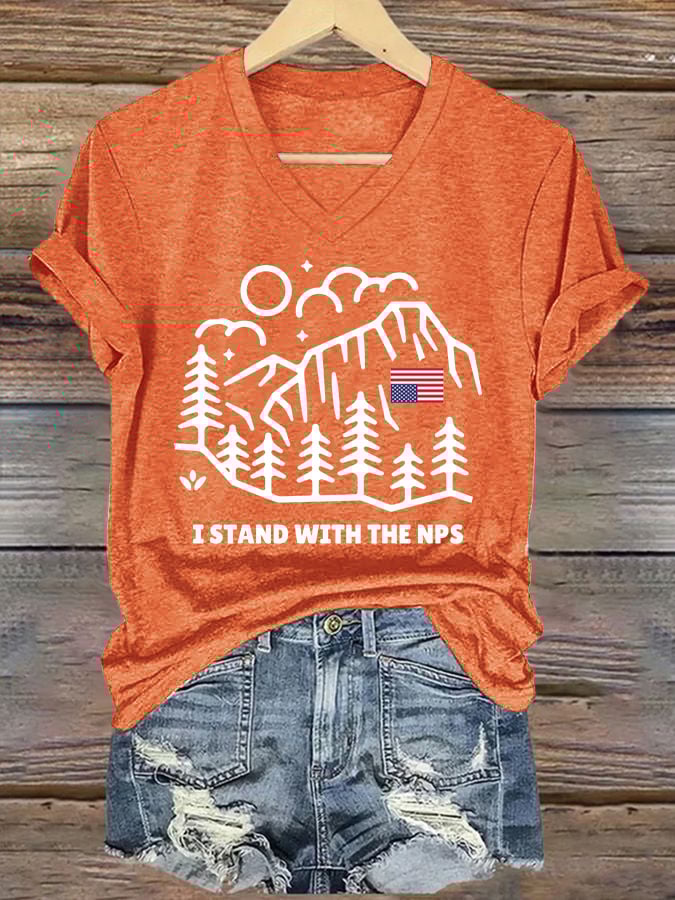 V-neck Retro I Stand With The NPS National Park Support Print T-Shirt