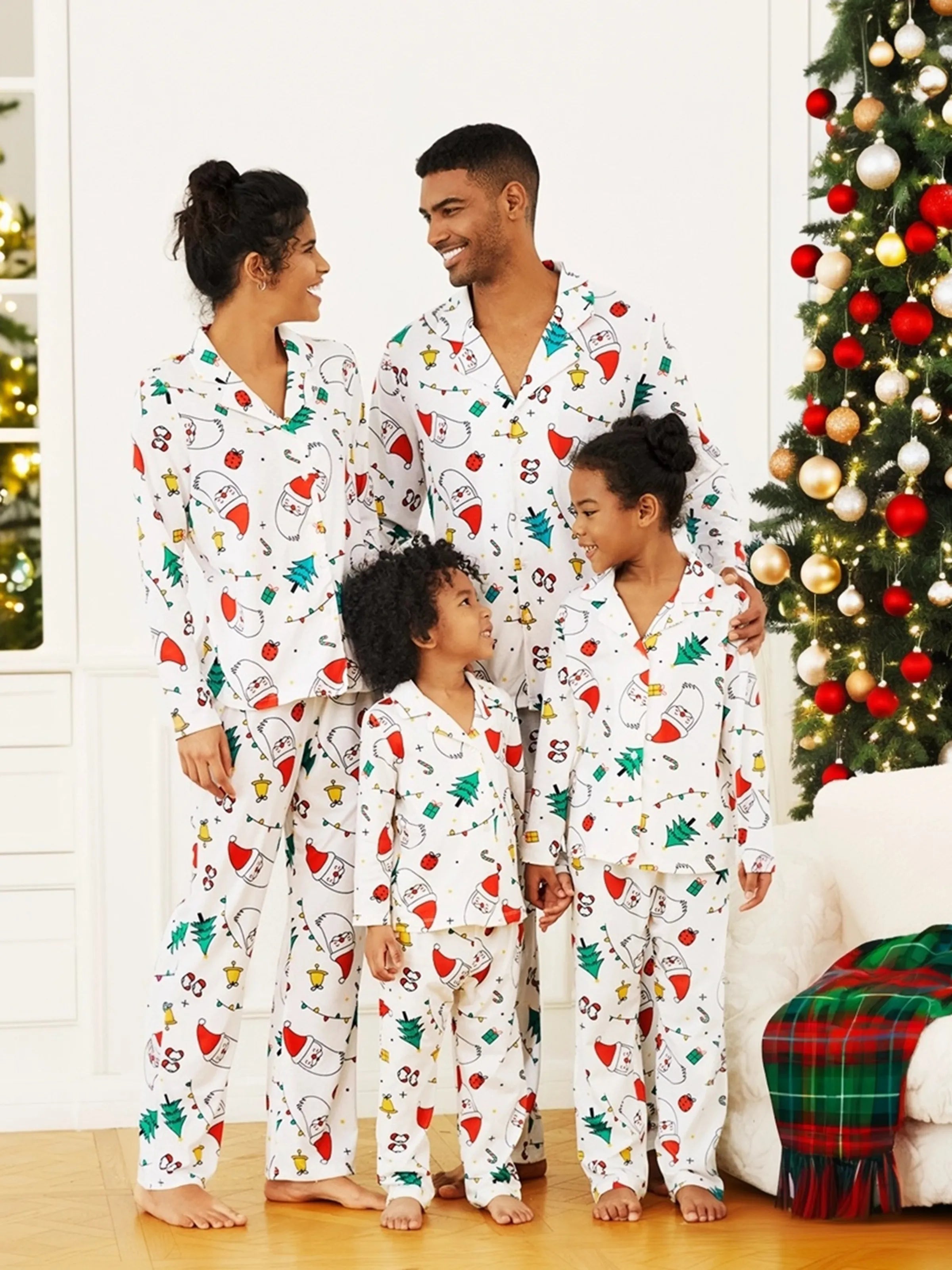 Christmas Family Matching Colorful Festival Theme Print Long Sleeve Pajamas Sets with Christmas Socks White