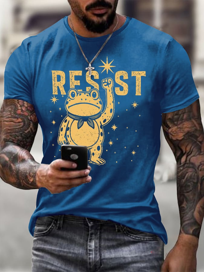 Men's Retro Resist Frog Printed Round Neck T-Shirt