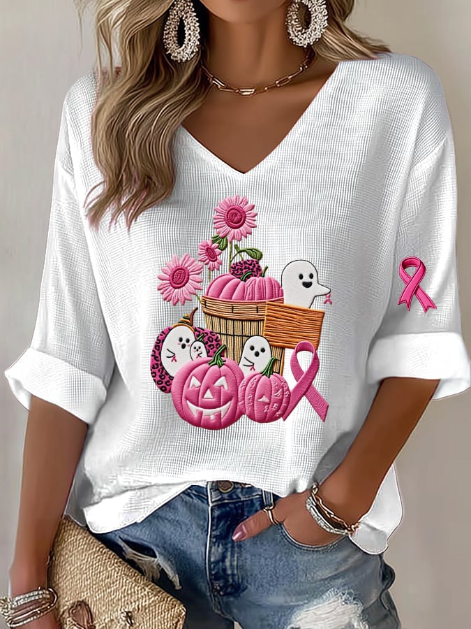 Women's casual pink ghost waffle long-sleeved T-shirt
