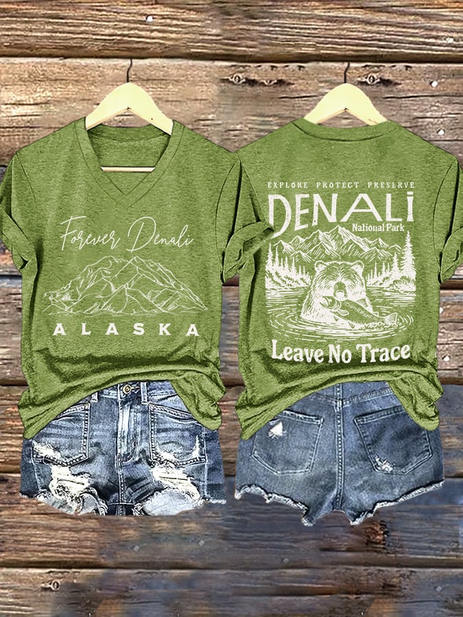 V-neck Retro Explore Protect Preserve Denali National Park Leave No Trace Forever Denali Alaska Print T-Shirt