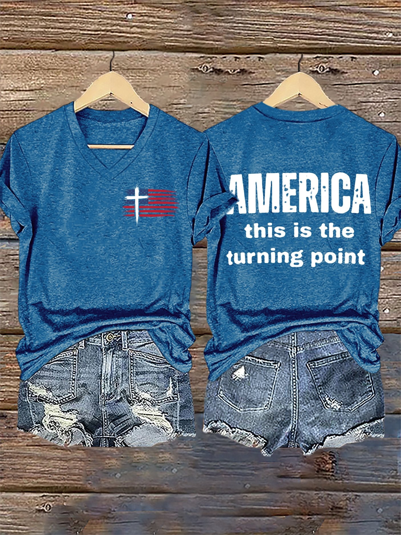 V-Neck Retro Faith Flag Cross America This Is The Turning Point Print T-Shirt