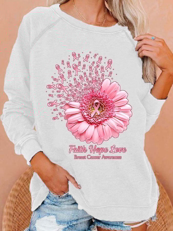 Breast Cancer Awareness Faith Hope Love Daisy Flower Ribbon Print Sweatshirt