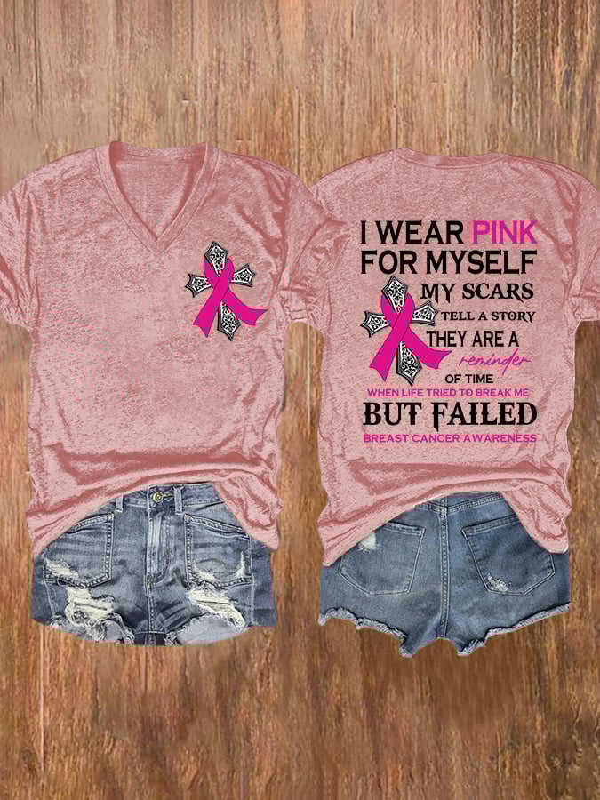 V-neck Faith Breast Cancer Awareness I Wear Pink For Myself Double Sided T-Shirt