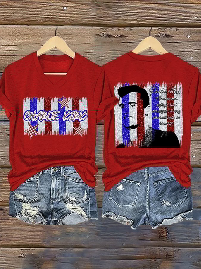 V-Neck Retro God Is Our Refuge And Strength, A Very Present Help In Trouble Print T-Shirt