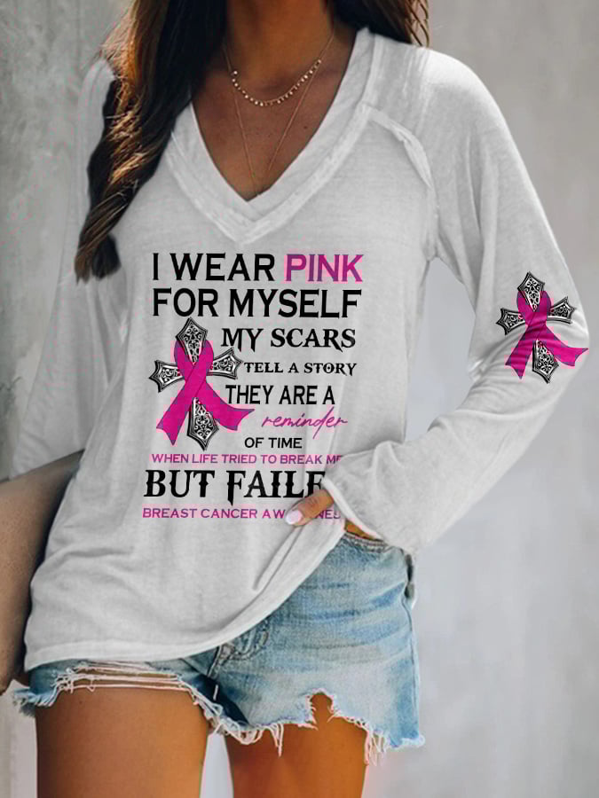 V-Neck Faith Breast Cancer Awareness I Wear Pink For Myself Long Sleeve T-Shirt