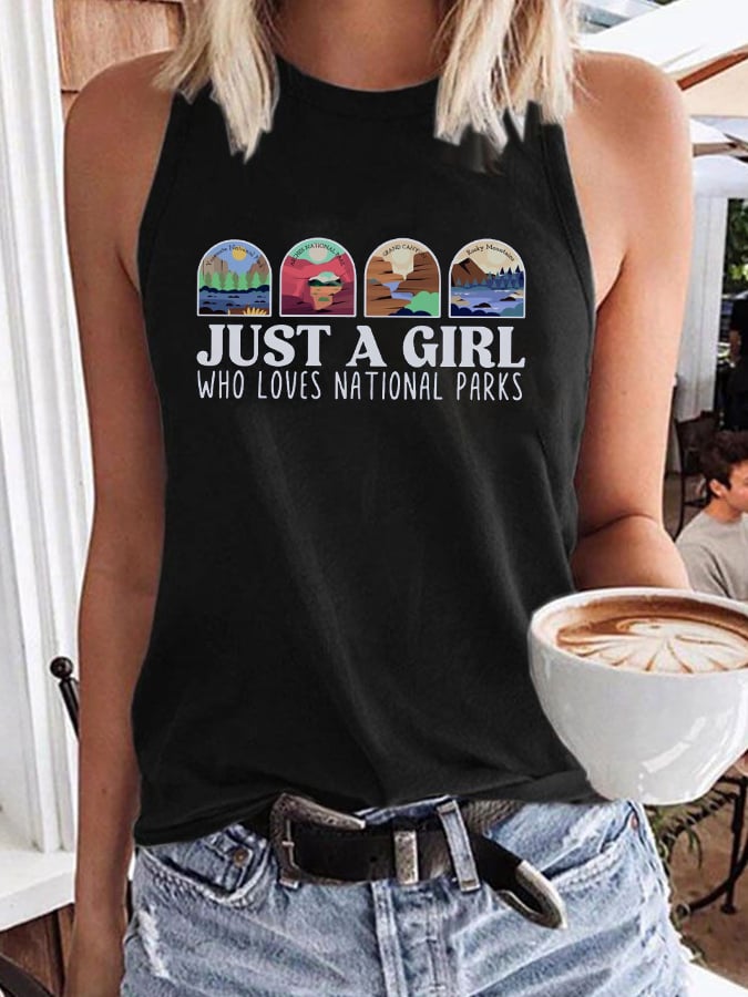 Women's Just A Girl Who Loves National Parks Print Crew Neck Tank Top