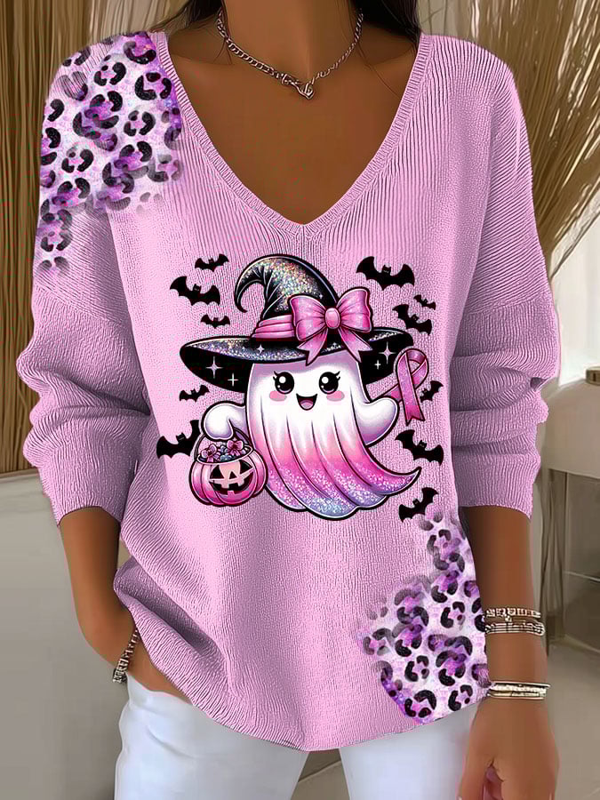 Women's Casual Pierced Breast Cancer Ghost Leopard Print Long Sleeve T-Shirt