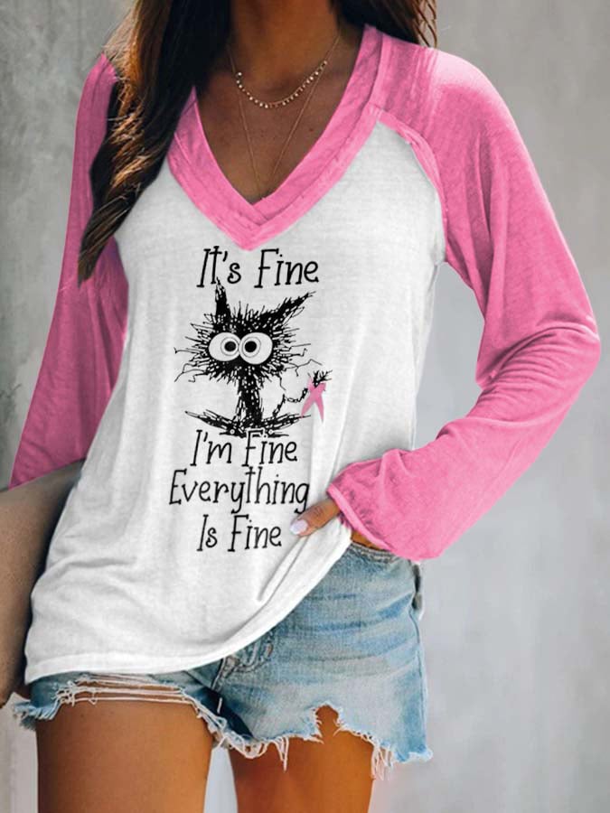 Women's Pink Breast Cancer Awareness Print Long Sleeve V-Neck T-Shirt
