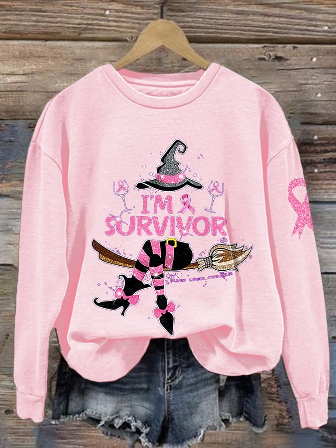 Women's Breast Cancer Awareness Witch Print Crew Neck Sweatshirt