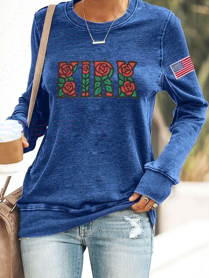 Women's Rose Print Round Neck Sweatshirt