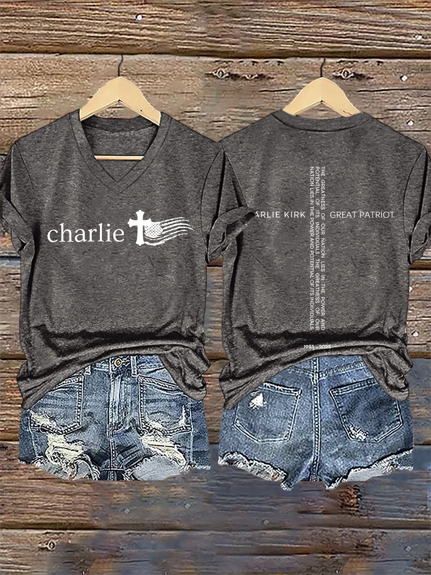 V-Neck Retro Faith Flag Cross The Greatness Of Our Nation Lies In The Power And Potential Of Its Individuals Print T-Shirt