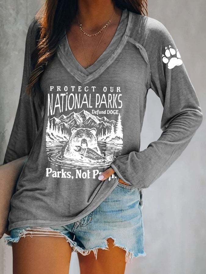Women's Protect Our National Parks Print V Neck T-Shirt