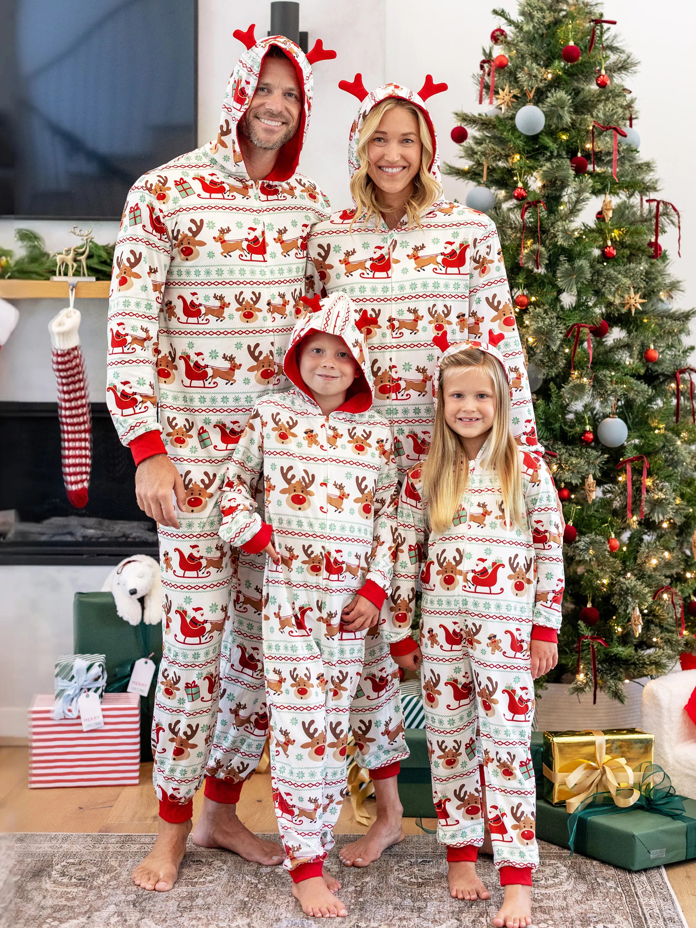 Christmas Onesies Matching Family Pajamas Set Reindeer Print Long-sleeve PJS with Christmas Socks Red