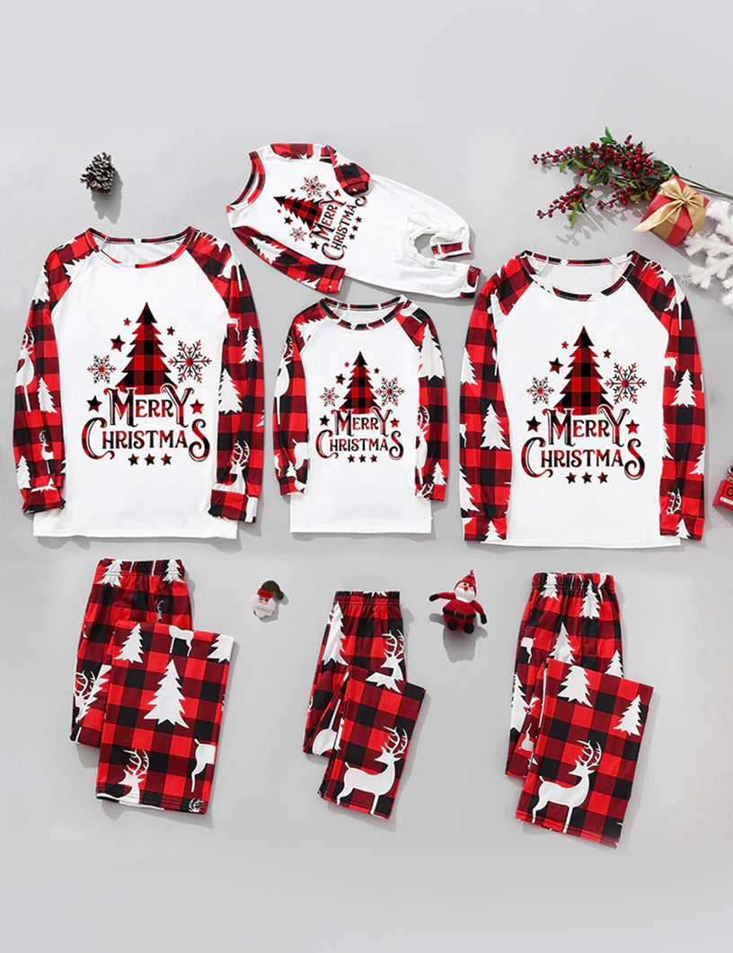 Red Plaid Christmas Tree Pattern Family Matching Pajamas Sets (with Pet's dog clothes)
