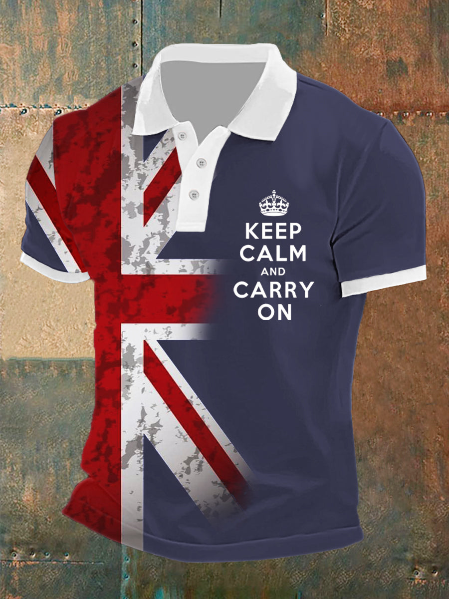 Men's UK Flag Keep Calm And Carry On Printed Casual POLO T-shirt