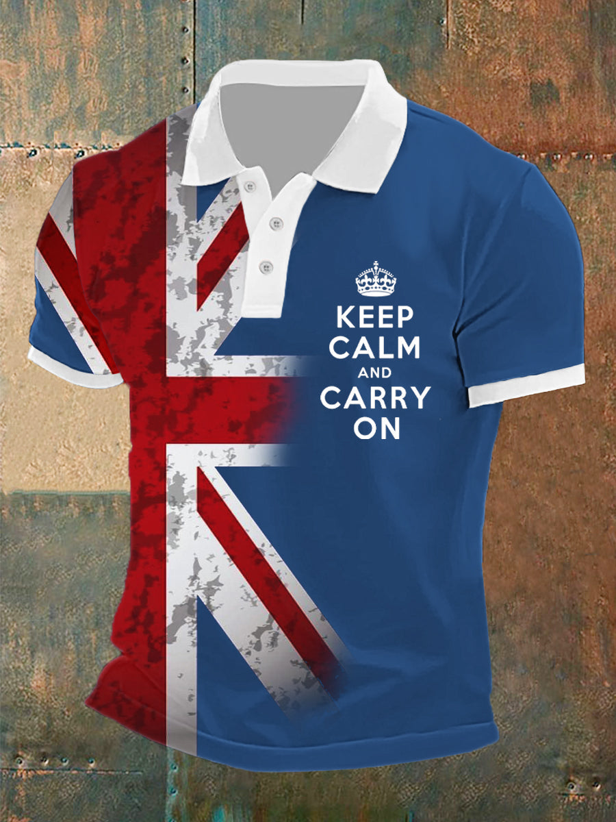 Men's UK Flag Keep Calm And Carry On Printed Casual POLO T-shirt