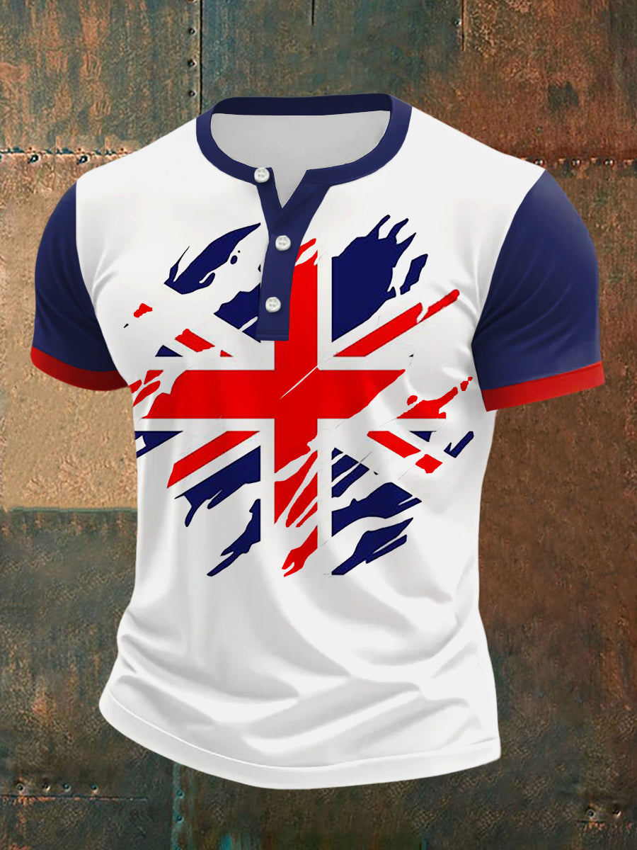 Men's UK Flag Print Casual Henley Neck Tee