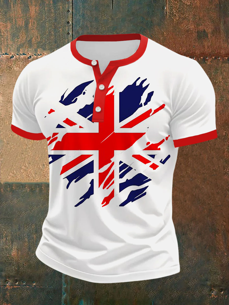 Men's UK Flag Print Casual Henley Neck Tee
