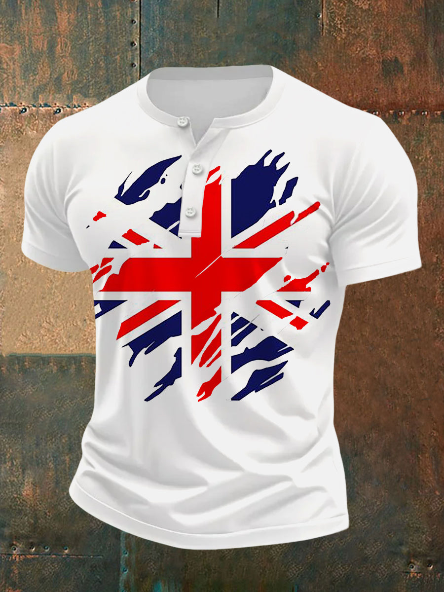 Men's UK Flag Print Casual Henley Neck Tee